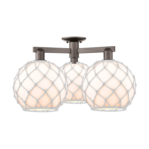 Innovations Farmhouse Rope 28in 3-Light Semi-Flush Mount | Industrial Oil Rubbed Bronze Steel and White Glass with Rope Shade | Model 716-3F-OB-G121-10RW