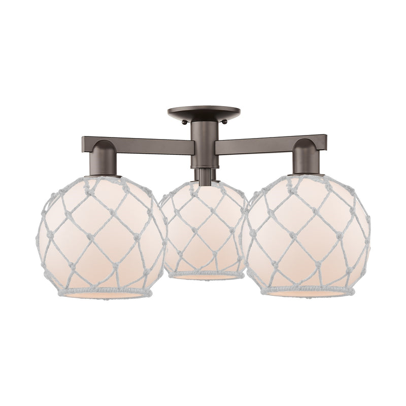 Innovations Farmhouse Rope 26in 3-Light Semi-Flush Mount | Industrial Oil Rubbed Bronze Steel and White Frosted Glass Rope | Model 716-3F-OB-G121-8RW