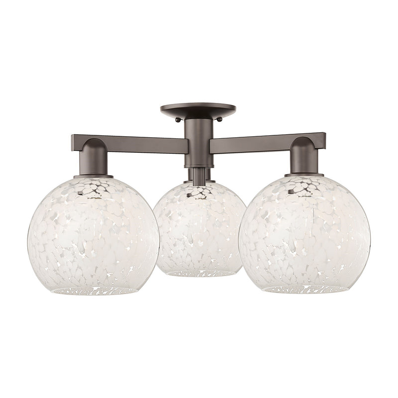 Innovations Lighting White Mouchette 26in 3-Light Semi-Flush Mount | Industrial Oil Rubbed Bronze Steel and White Glass | Damp | Model 716-3F-OB-G1216-8WM