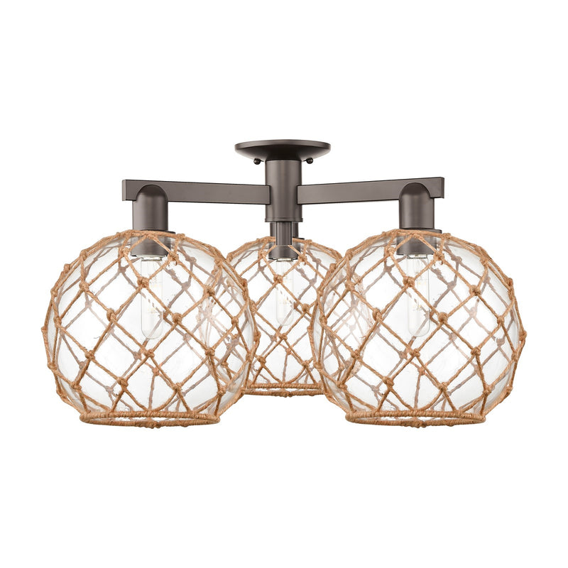 Innovations Farmhouse Rope 28in 3-Light Semi-Flush Mount | Industrial Oil Rubbed Bronze Steel and Clear Glass with Brown Rope | Model 716-3F-OB-G122-10RB