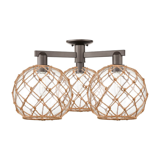 Innovations Farmhouse Rope 28in 3-Light Semi-Flush Mount | Industrial Oil Rubbed Bronze Steel and Clear Glass with Brown Rope | Model 716-3F-OB-G122-10RB