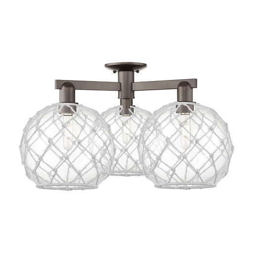 Innovations Farmhouse Rope 28in 3-Light Semi-Flush Mount | Industrial Oil Rubbed Bronze Steel and Clear Glass with White Rope | Model 716-3F-OB-G122-10RW