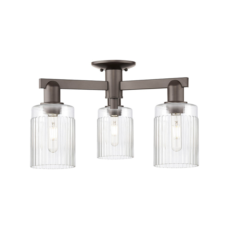 Innovations Hadley 22in 3-Light Semi-Flush Mount | Industrial Oil Rubbed Bronze Steel and Clear Ribbed Glass | Living Room & | Model 716-3F-OB-G342