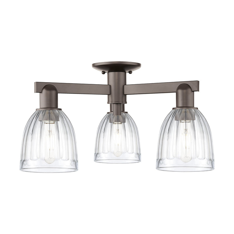 Innovations Brookfield 23in 3-Light Semi-Flush Mount | Industrial Oil Rubbed Bronze Steel and Clear Ribbed Glass | Entryway & | Model 716-3F-OB-G442