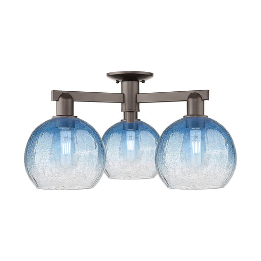 Innovations Brookhaven Globe 25.5in 3-Light Semi-Flush Mount | Industrial Oil Rubbed Bronze Steel and Sapphire Blue Glass | Model 716-3F-OB-G483-8SB