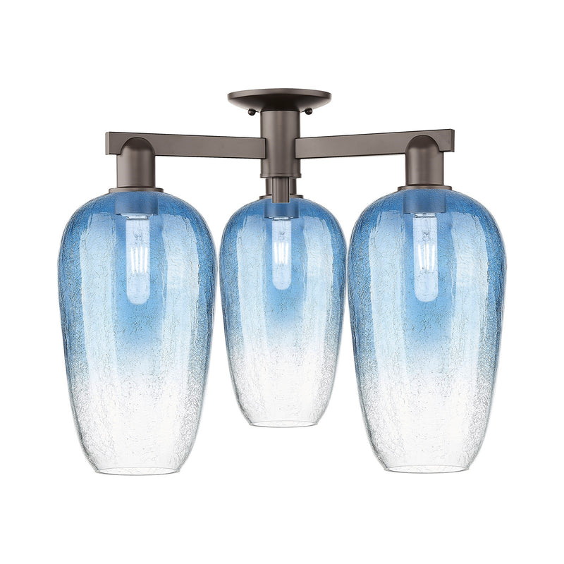 Innovations Brookhaven Flute 24.5in 3-Light Semi-Flush Mount | Industrial Oil Rubbed Bronze and Sapphire Blue Glass | Entryway | Model 716-3F-OB-G484-7SB