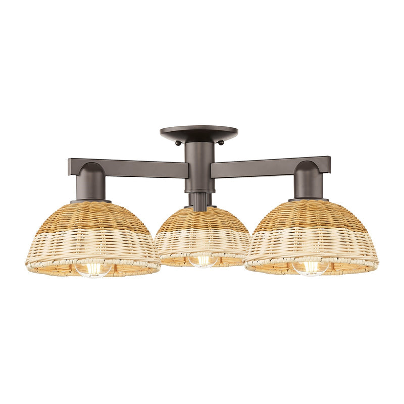 Innovations Natural Ballston Dome 25in 3-Light Semi-Flush Mount | Farmhouse Oil Rubbed Bronze and Natural Fiber Shade | Model 716-3F-OB-NBD2-75-NAT