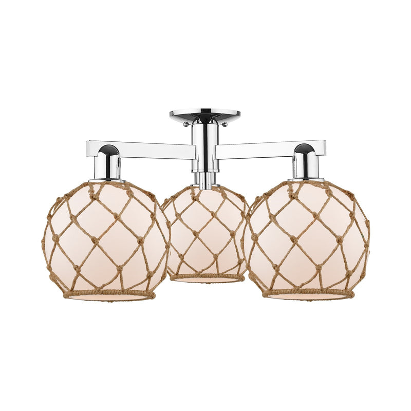 Innovations Farmhouse Rope 26in 3-Light Semi-Flush Mount | Industrial Polished Chrome and White Glass with Brown Rope | Model 716-3F-PC-G121-8RB