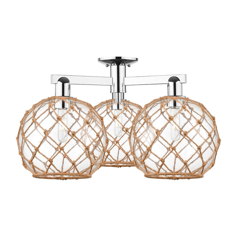 Innovations Farmhouse Rope 28in 3-Light Semi-Flush Mount | Industrial Polished Chrome Steel and Clear Glass with Brown Rope | Model 716-3F-PC-G122-10RB