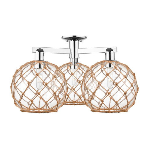 Innovations Farmhouse Rope 28in 3-Light Semi-Flush Mount | Industrial Polished Chrome Steel and Clear Glass with Brown Rope | Model 716-3F-PC-G122-10RB
