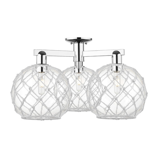 Innovations Farmhouse Rope 28in 3-Light Semi-Flush Mount | Industrial Polished Chrome and Clear Glass with White Rope | Model 716-3F-PC-G122-10RW