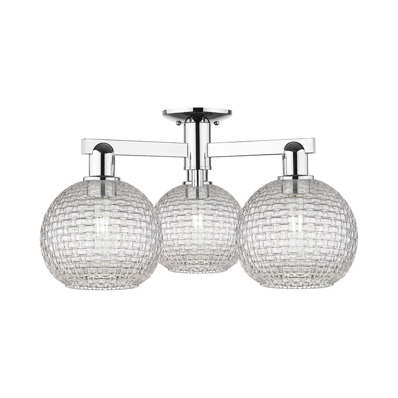 Innovations Athens 26in 3-Light Semi-Flush Mount | Industrial Modern Polished Chrome Steel and Clear Basket Weave Glass | Model 716-3F-PC-G122C-8CL