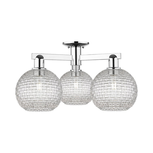 Innovations Athens 26in 3-Light Semi-Flush Mount | Industrial Modern Polished Chrome Steel and Clear Basket Weave Glass | Model 716-3F-PC-G122C-8CL