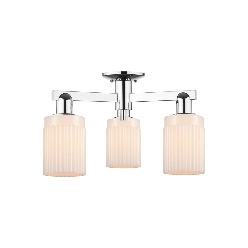 Innovations Hadley 22in 3-Light Semi-Flush Mount | Industrial Modern Polished Chrome and Matte White Ribbed Glass | Kitchen & | Model 716-3F-PC-G341