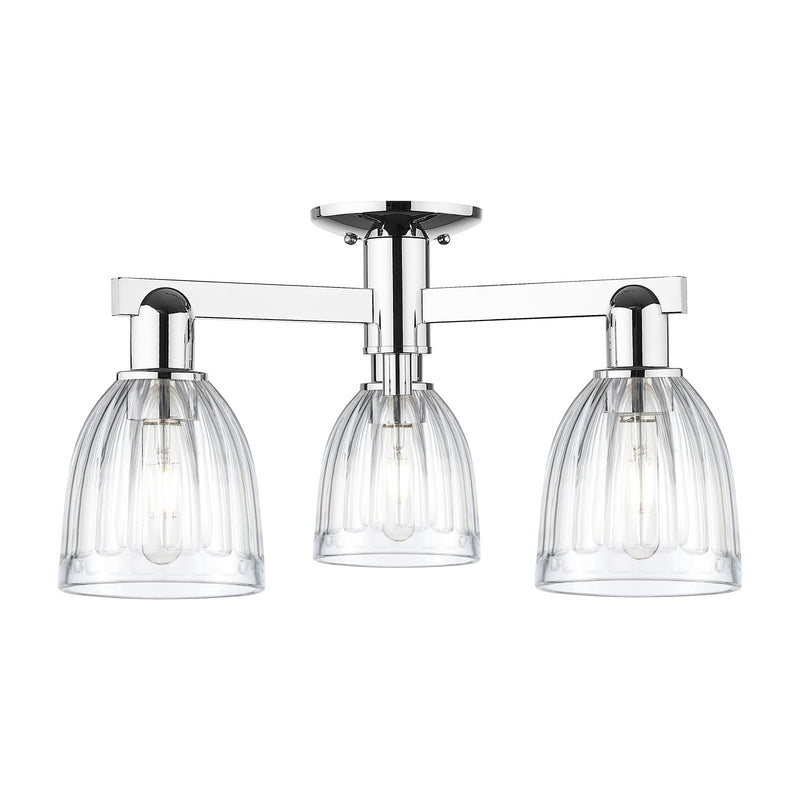 Innovations Brookfield 23in 3-Light Semi-Flush Mount | Industrial Polished Chrome Steel and Clear Ribbed Glass | Living Room & | Model 716-3F-PC-G442