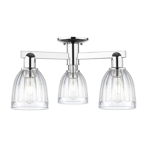Innovations Brookfield 23in 3-Light Semi-Flush Mount | Industrial Polished Chrome Steel and Clear Ribbed Glass | Living Room & | Model 716-3F-PC-G442
