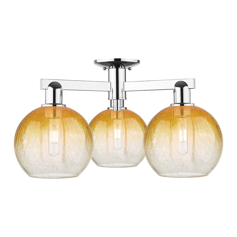 Innovations Brookhaven Globe 25.5in 3-Light Semi-Flush Mount | Industrial Polished Chrome and Amber Glass | Damp-Rated Entryway | Model 716-3F-PC-G483-8AM