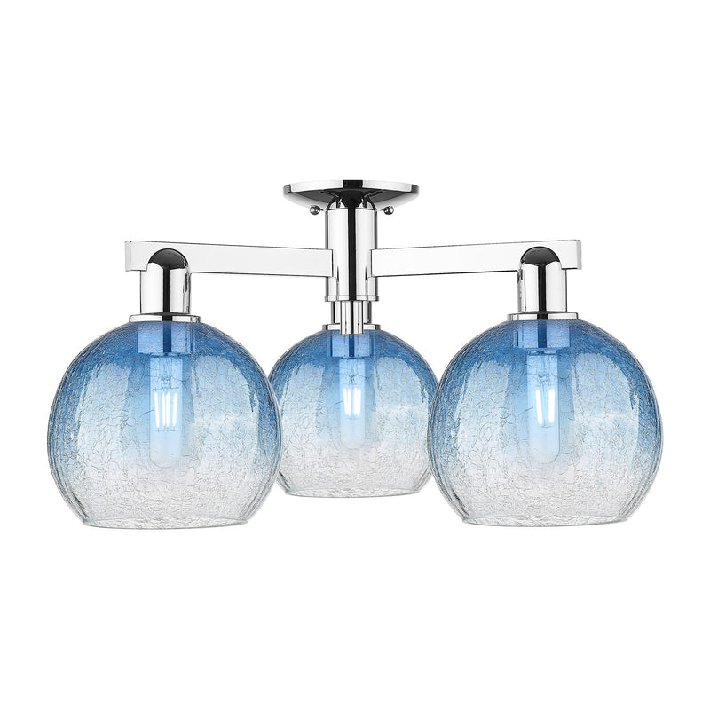 Innovations Brookhaven Globe 25.5in 3-Light Semi-Flush Mount | Industrial Polished Chrome Steel and Sapphire Blue Glass | Model 716-3F-PC-G483-8SB