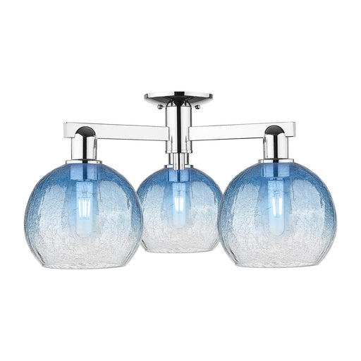 Innovations Brookhaven Globe 25.5in 3-Light Semi-Flush Mount | Industrial Polished Chrome Steel and Sapphire Blue Glass | Model 716-3F-PC-G483-8SB