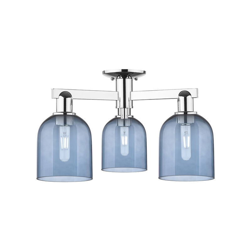 Innovations Bella 23in 3-Light Semi-Flush Mount | Industrial Polished Chrome and Blue Glass | Kitchen & Hallway | 23 x 23 x | Model 716-3F-PC-G558-6BL