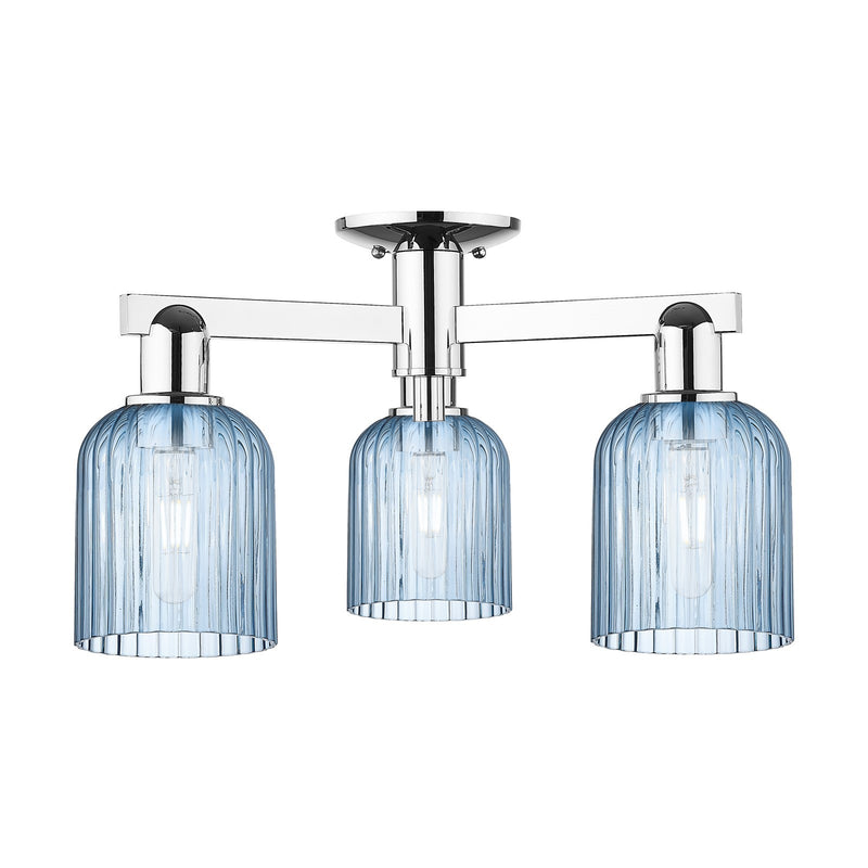 Innovations Bridal Veil 22.5in 3-Light Semi-Flush Mount | Industrial Polished Chrome and Princess Blue Ribbed Glass | Kitchen & | Model 716-3F-PC-G559-5BL