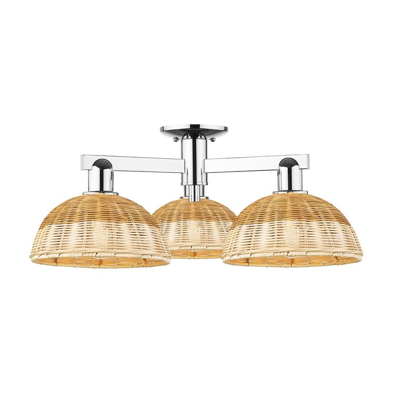 Innovations Bristol Natural II 27in 3-Light Semi-Flush Mount | Industrial Polished Chrome and Natural Fiber Shade | Damp | Model 716-3F-PC-NBD2-9-NAT