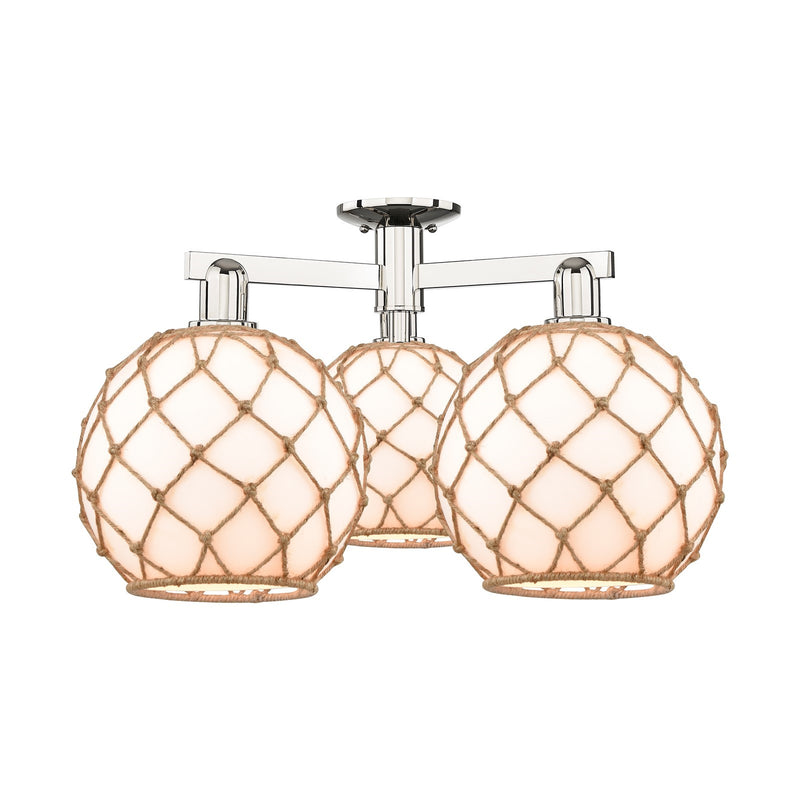 Innovations Farmhouse Rope 28in 3-Light Semi-Flush Mount | Industrial Polished Nickel Steel and Matte White Glass with Brown | Model 716-3F-PN-G121-10RB