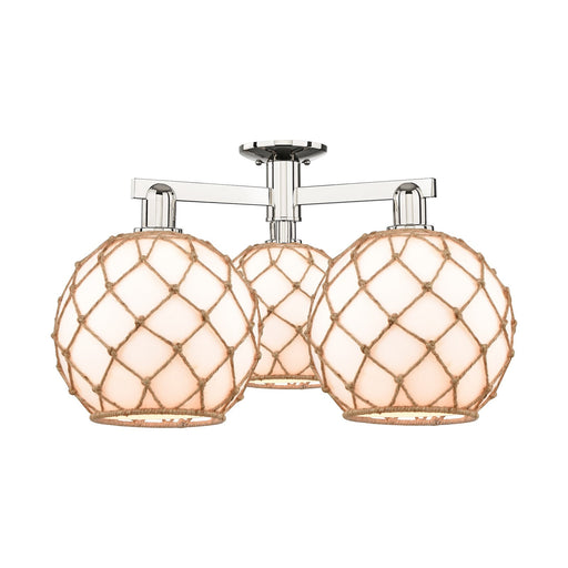 Innovations Farmhouse Rope 28in 3-Light Semi-Flush Mount | Industrial Polished Nickel Steel and Matte White Glass with Brown | Model 716-3F-PN-G121-10RB