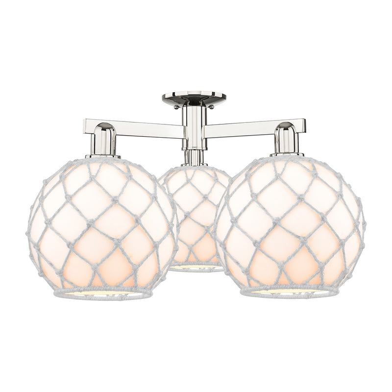 Innovations Farmhouse Rope 28in 3-Light Semi-Flush Mount | Industrial Polished Nickel Steel and White Glass with White Rope | Model 716-3F-PN-G121-10RW