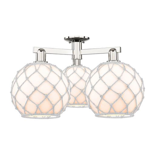 Innovations Farmhouse Rope 28in 3-Light Semi-Flush Mount | Industrial Polished Nickel Steel and White Glass with White Rope | Model 716-3F-PN-G121-10RW