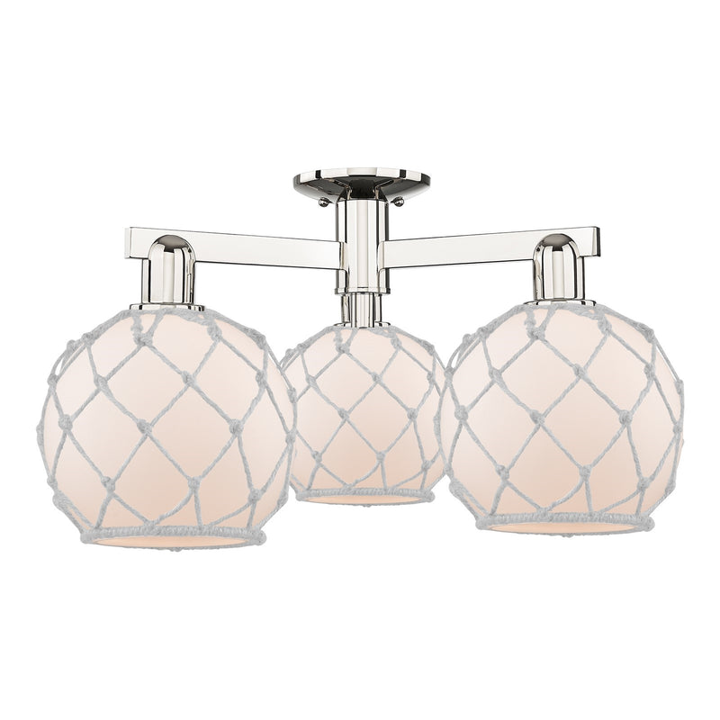 Innovations Farmhouse Rope 26in 3-Light Semi-Flush Mount | Industrial Polished Nickel Steel and White Frosted Glass with Rope | Model 716-3F-PN-G121-8RW