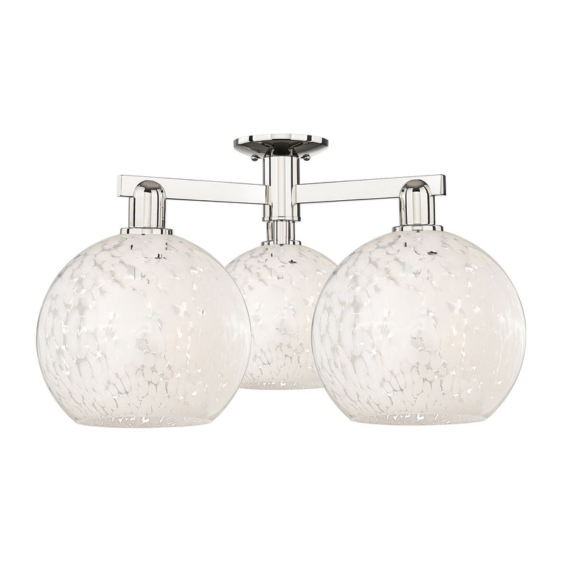 Innovations Lighting White Mouchette 28in 3-Light Semi-Flush Mount | Industrial Polished Nickel Steel and White Mouchette | Model 716-3F-PN-G1216-10WM