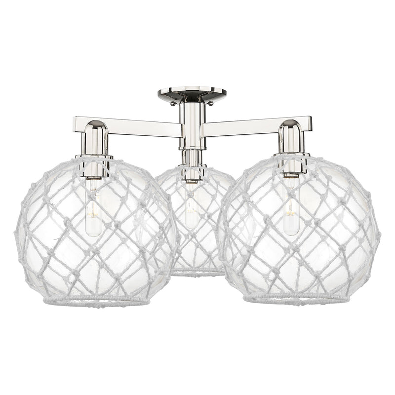 Innovations Farmhouse Rope 28in 3-Light Semi-Flush Mount | Industrial Polished Nickel Steel and Clear Glass with White Rope | Model 716-3F-PN-G122-10RW