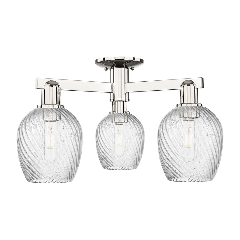 Innovations Salina 23in 3-Light Semi-Flush Mount | Industrial Polished Nickel Steel and Clear Spiral Fluted Glass | Entryway & | Model 716-3F-PN-G292