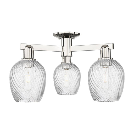 Innovations Salina 23in 3-Light Semi-Flush Mount | Industrial Polished Nickel Steel and Clear Spiral Fluted Glass | Entryway & | Model 716-3F-PN-G292