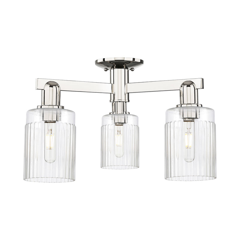 Innovations Hadley 22in 3-Light Semi-Flush Mount | Industrial Modern Polished Nickel Steel and Clear Ribbed Glass | Entryway & | Model 716-3F-PN-G342