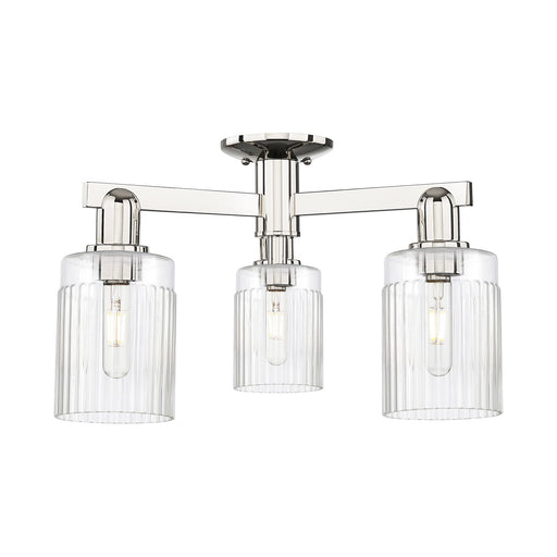 Innovations Hadley 22in 3-Light Semi-Flush Mount | Industrial Modern Polished Nickel Steel and Clear Ribbed Glass | Entryway & | Model 716-3F-PN-G342