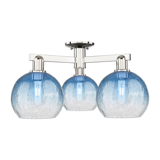 Innovations Brookhaven Globe 25.5in 3-Light Semi-Flush Mount | Industrial Polished Nickel and Sapphire Blue Glass | Entryway & | Model 716-3F-PN-G483-8SB