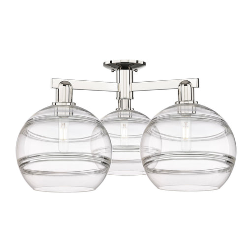 Innovations Rochester 28in 3-Light Semi-Flush Mount | Industrial Polished Nickel Steel and Clear Glass | Living Room & Hallway | Model 716-3F-PN-G556-10CL