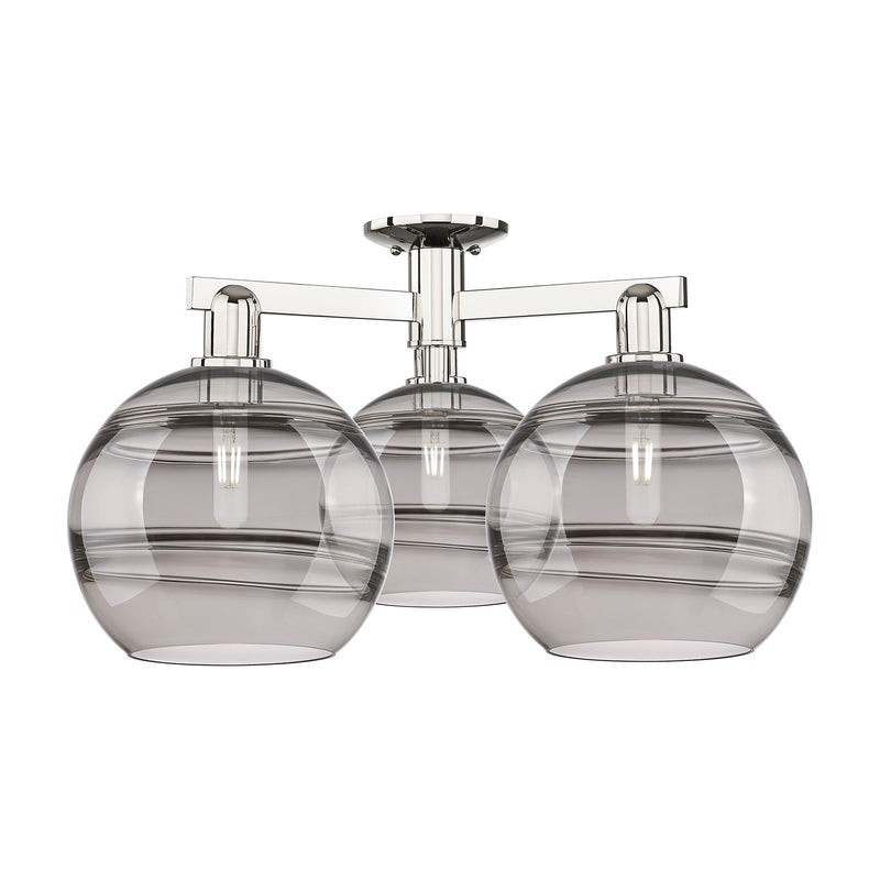 Innovations Rochester 28in 3-Light Semi-Flush Mount | Industrial Polished Nickel and Light Smoke Glass | Entryway & Hallway | Model 716-3F-PN-G556-10SM