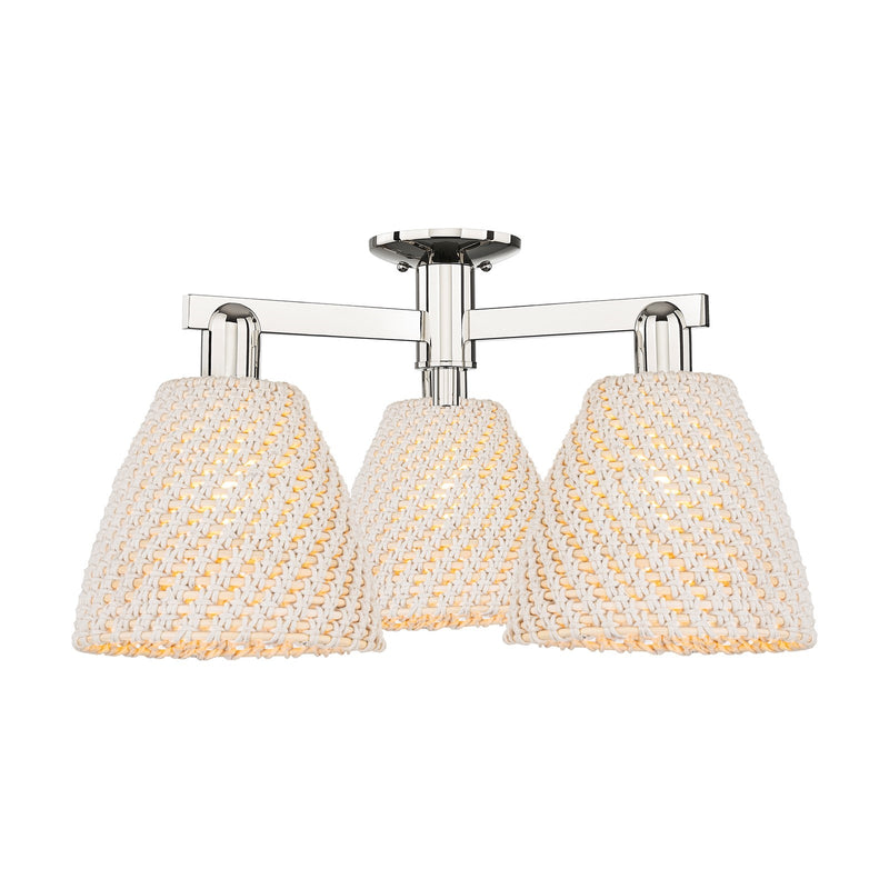 Innovations Bristol Natural 27in 3-Light Semi-Flush Mount | Industrial Polished Nickel Steel and Natural Fiber Dome Shade | Model 716-3F-PN-NBD-9-NAT