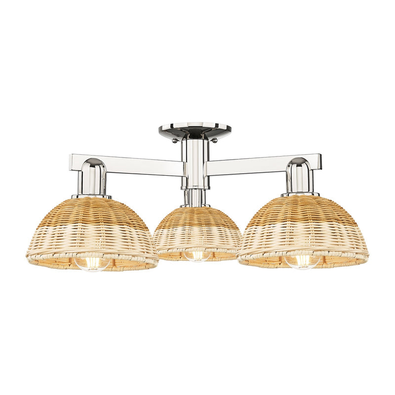 Innovations Natural Ballston Dome 25in 3-Light Semi-Flush Mount | Farmhouse Polished Nickel and Natural Fiber Basketweave | Model 716-3F-PN-NBD2-75-NAT