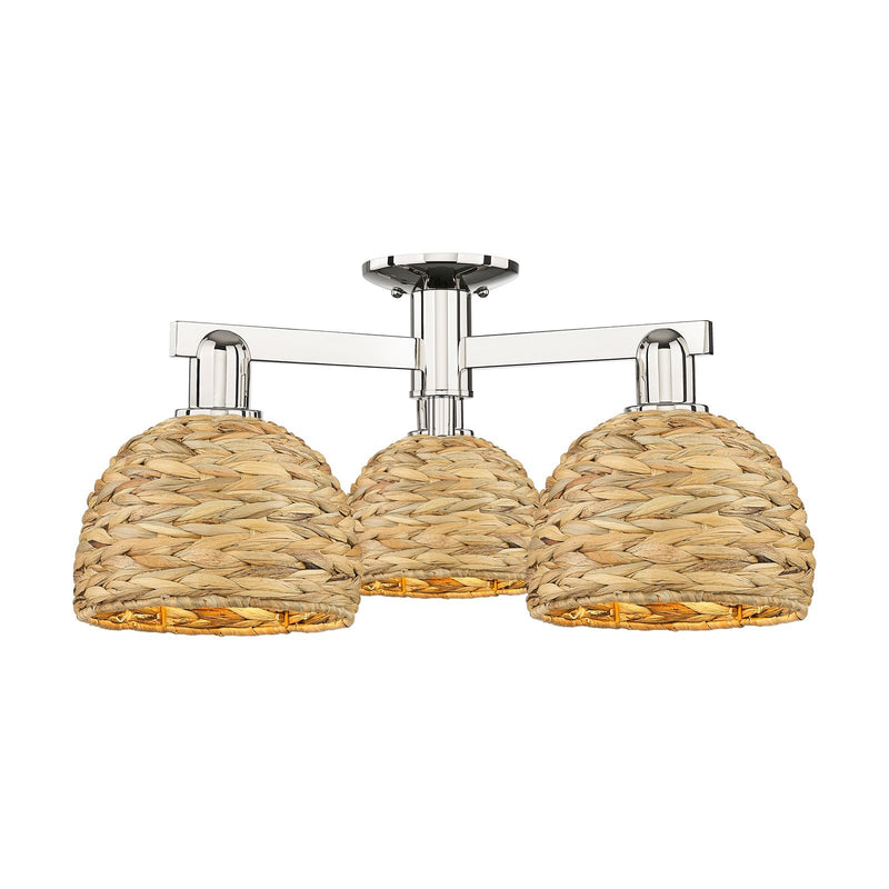 Innovations Arcadia 26in 3-Light Semi-Flush Mount | Industrial Polished Nickel and Natural Woven Rattan | Entryway & Hallway | Model 716-3F-PN-RBD-8-NAT