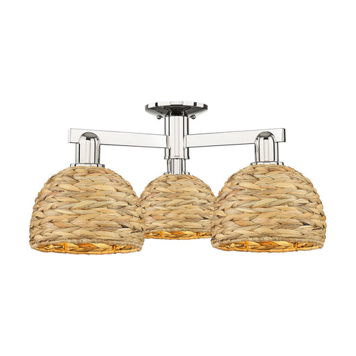 Innovations Arcadia 26in 3-Light Semi-Flush Mount | Industrial Polished Nickel and Natural Woven Rattan | Entryway & Hallway | Model 716-3F-PN-RBD-8-NAT