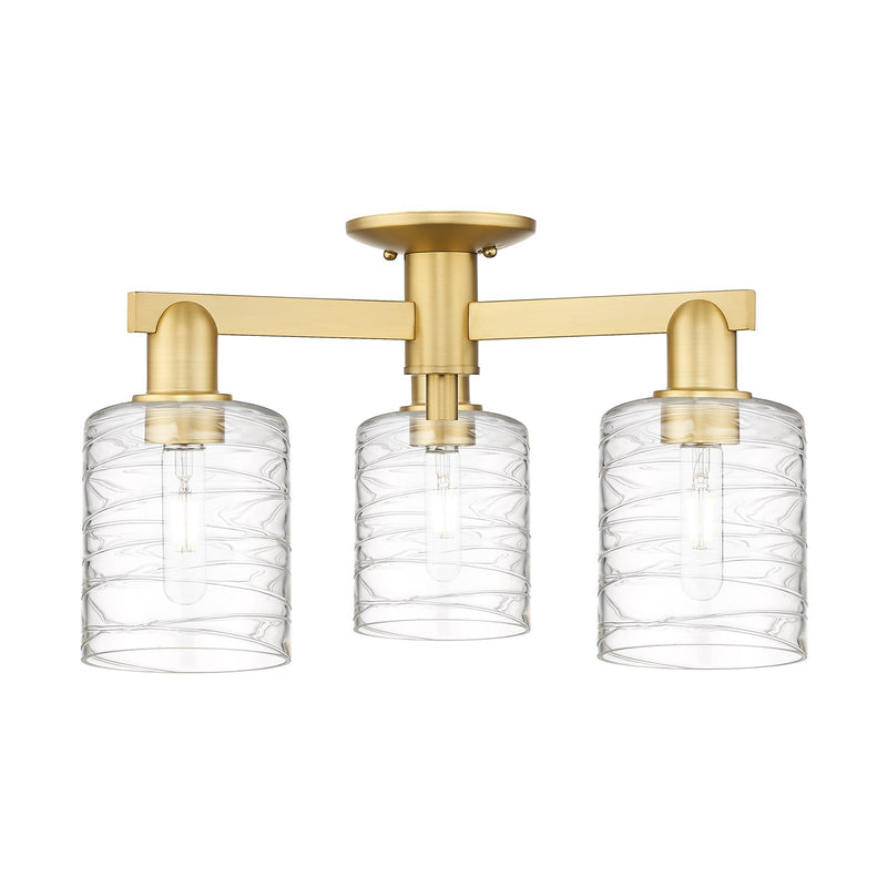 Innovations Cobbleskill 23in 3-Light Semi-Flush Mount | Industrial Satin Gold Steel and Cast Brass with Deco Swirl Clear Glass | Model 716-3F-SG-G1113