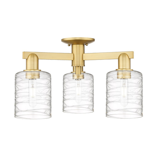 Innovations Cobbleskill 23in 3-Light Semi-Flush Mount | Industrial Satin Gold Steel and Cast Brass with Deco Swirl Clear Glass | Model 716-3F-SG-G1113