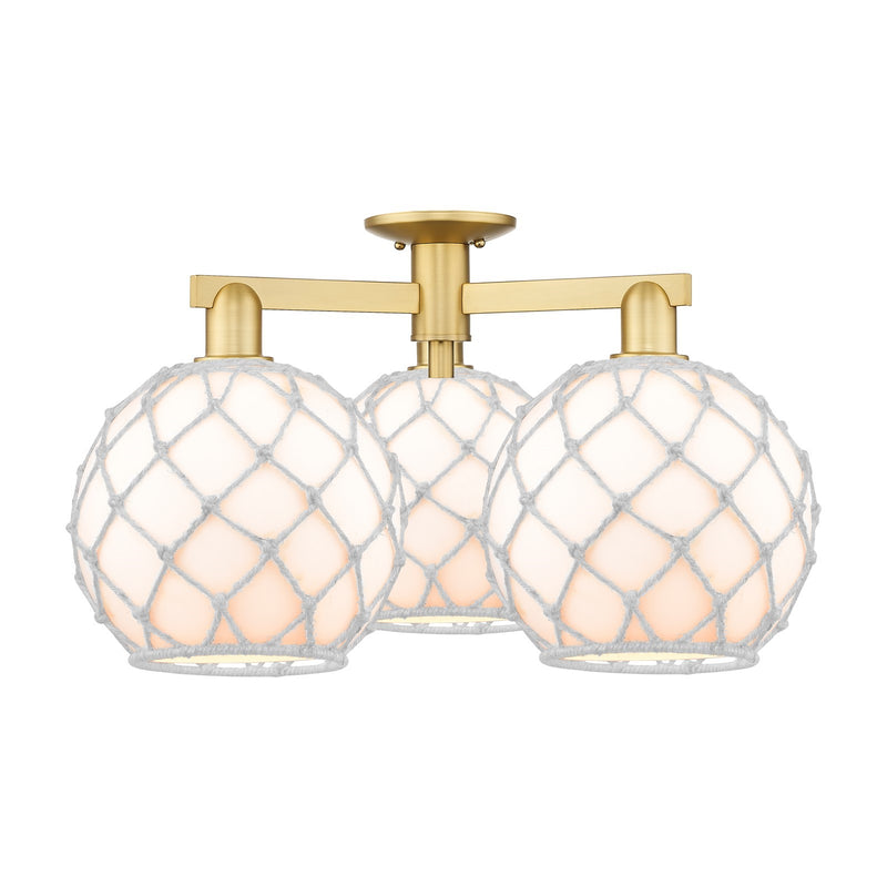 Innovations Farmhouse Rope 28in 3-Light Semi-Flush Mount | Industrial Satin Gold Steel and Cast Brass with White Glass and | Model 716-3F-SG-G121-10RW