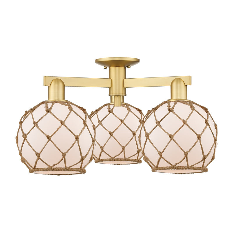 Innovations Farmhouse Rope 26in 3-Light Semi-Flush Mount | Industrial Satin Gold Steel and White Frosted Glass with Brown Rope | Model 716-3F-SG-G121-8RB