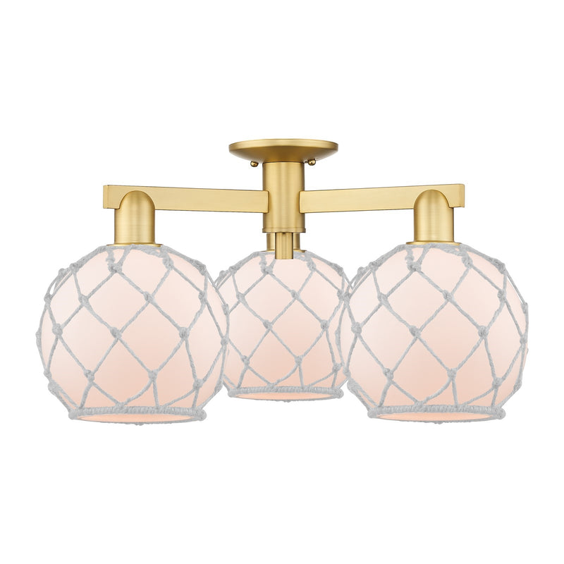 Innovations Farmhouse Rope 26in 3-Light Semi-Flush Mount | Industrial Satin Gold Steel and Cast Brass with White Frosted Glass | Model 716-3F-SG-G121-8RW