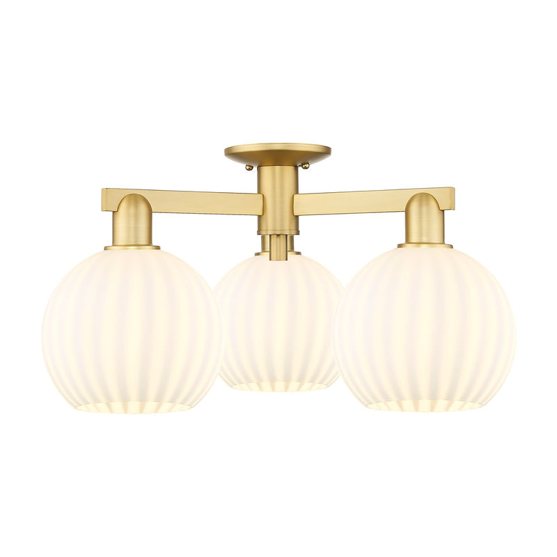 Innovations Lighting Arcadia 25.5in 3-Light Semi-Flush Mount | Industrial Satin Gold Steel and White Venetian Glass | Living | Model 716-3F-SG-G1217-8WV